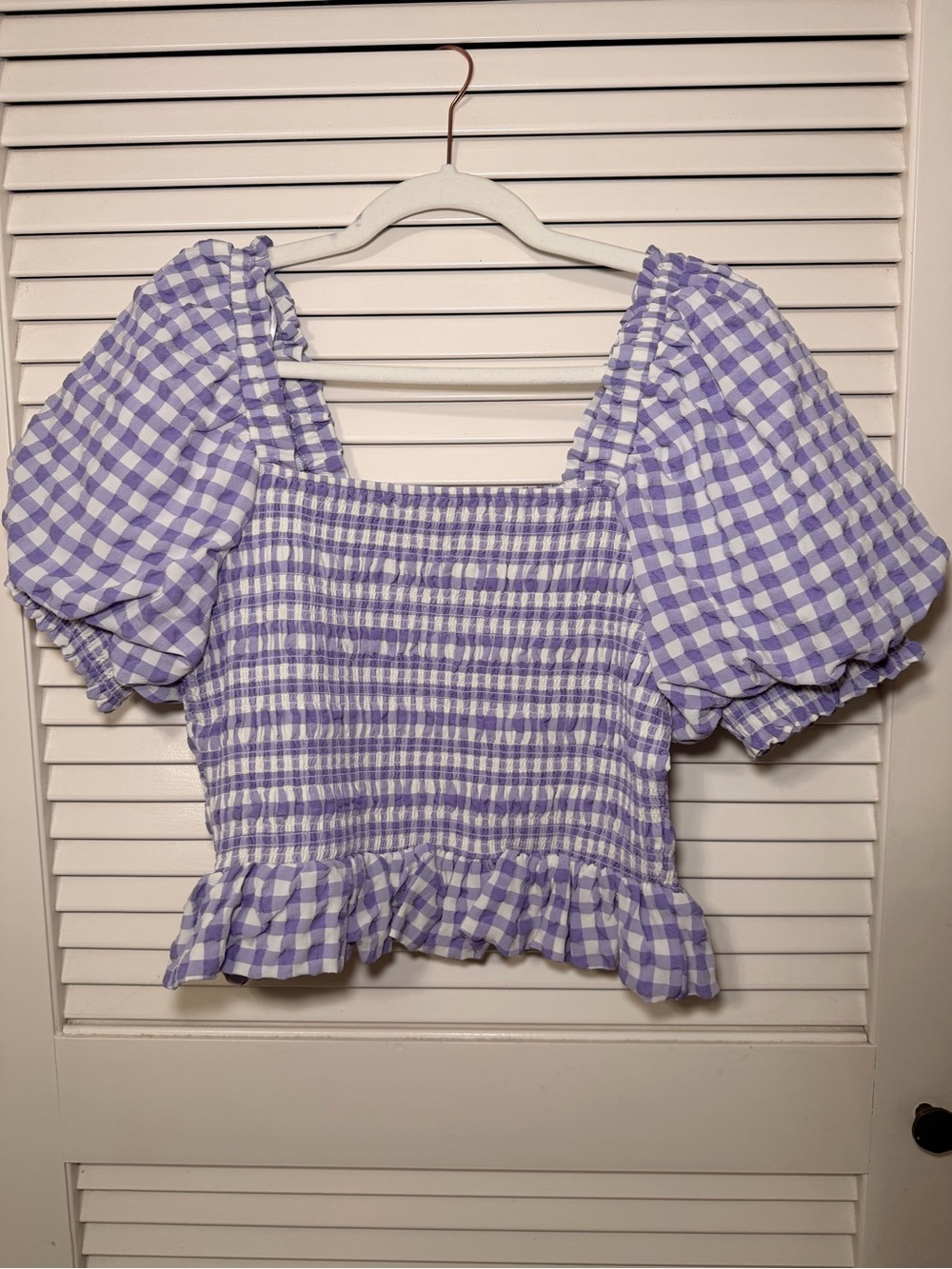 Free the Roses Lavender Gingham Smocked Puff Sleeve Crop Top